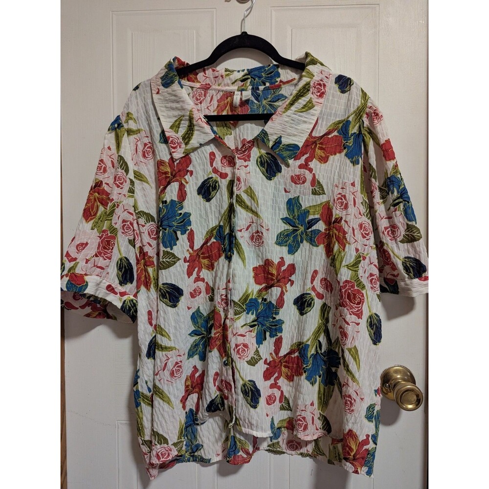 Cato Floral Crinkle Button-Up Blouse Women's 22 24 Puff Short Sleeve Boho Chic